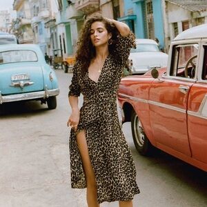 Faithfull The Brand Brown Leopard Print Crepe Wrap Midi Dress sz 2
